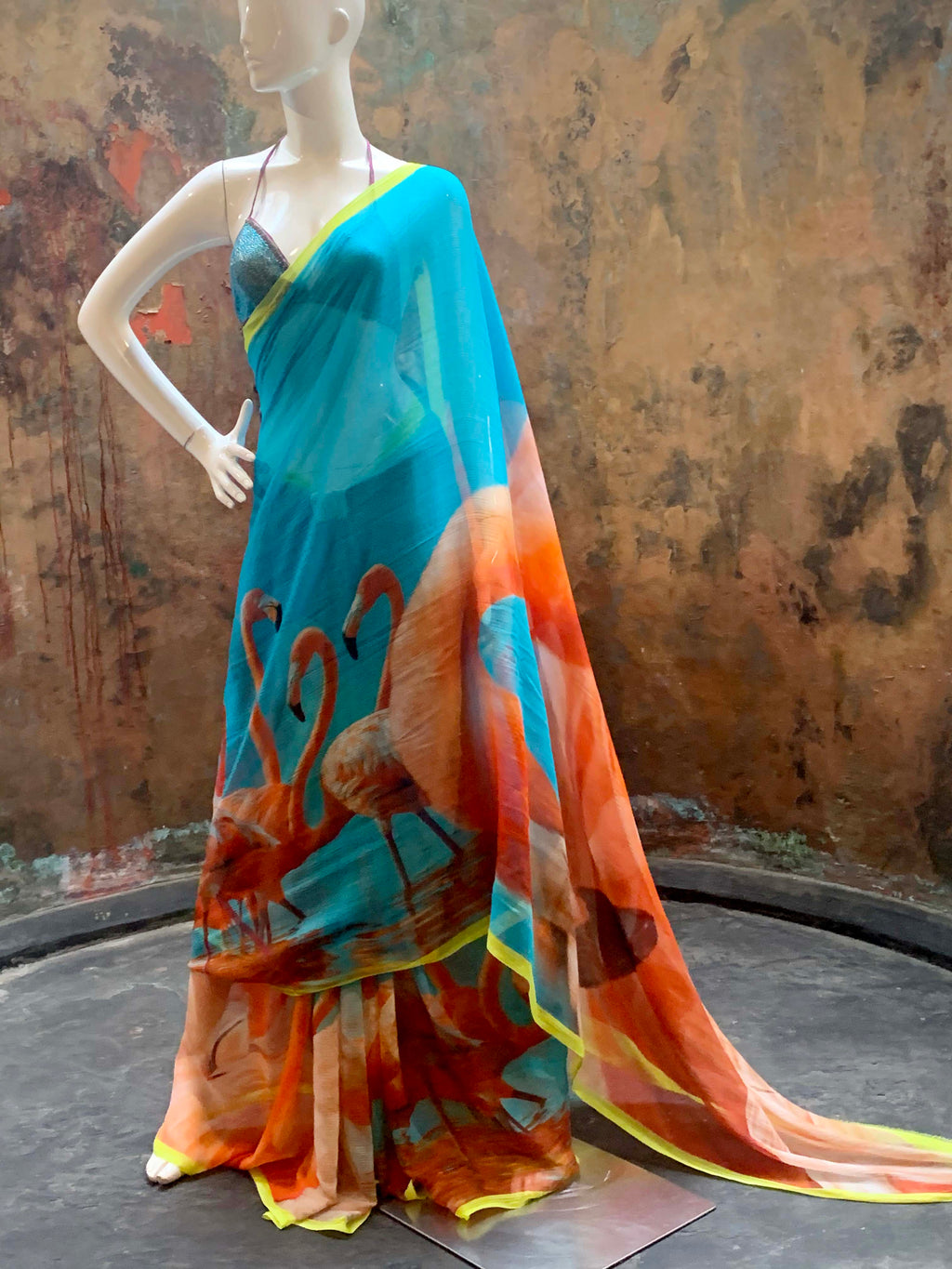 Jai by Aashkii silk chiffon saree -flamingo design - Turquoise
