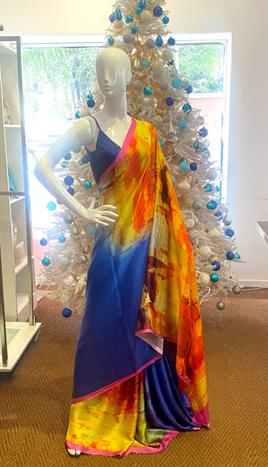 Jai by Aashkii  silk satin saree - blue abstract