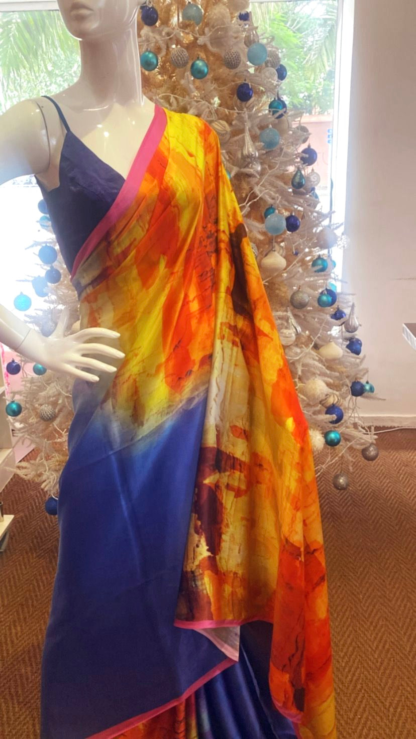 Jai by Aashkii  silk satin saree - blue abstract