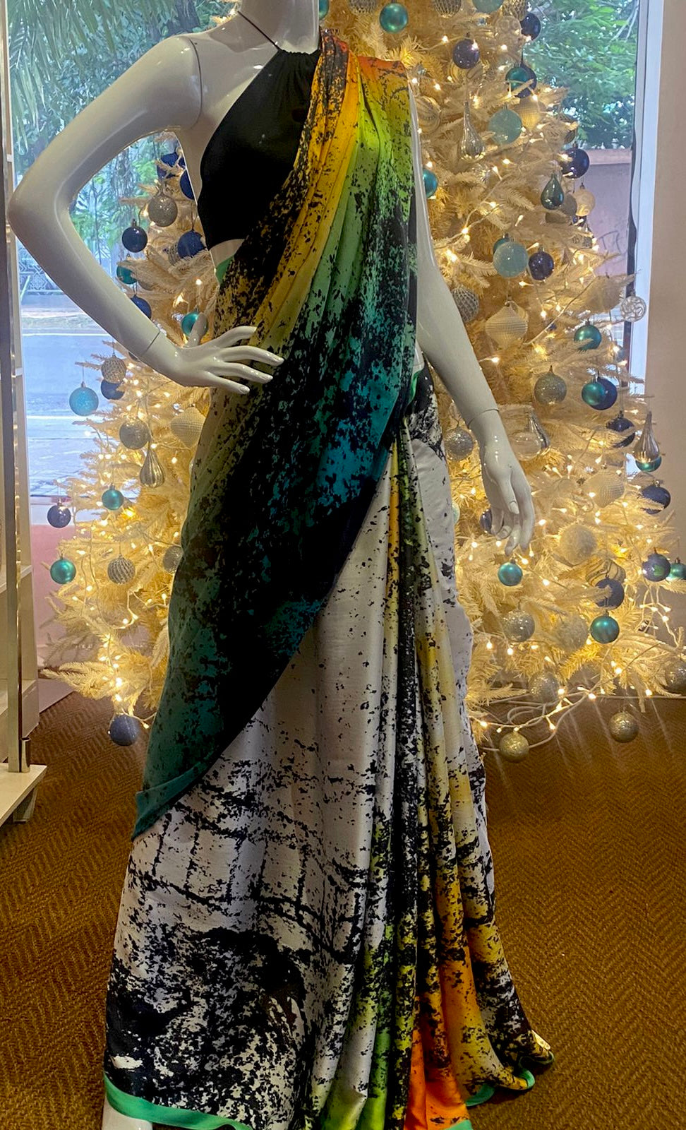 Jai by Aashkii silk satin saree - white abstract
